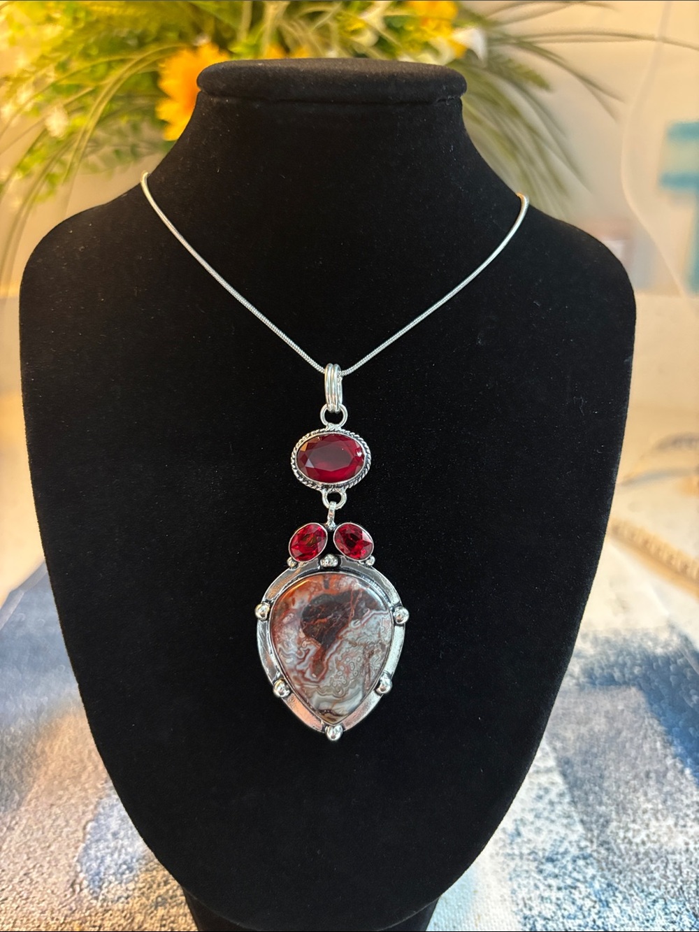 Sterling Silver Red Gemstone & Crazy Lace Agate Drop Necklace